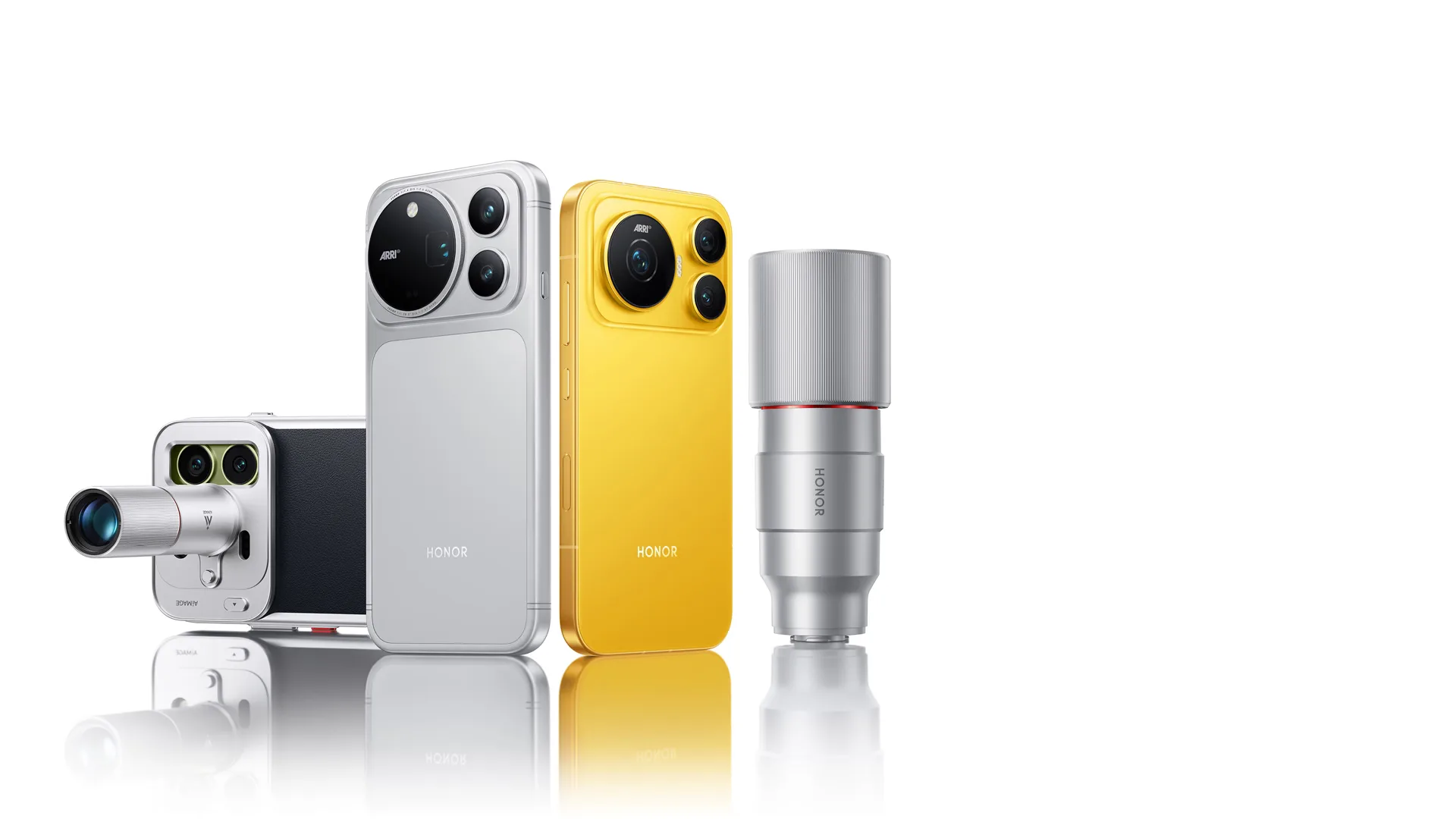 Honor Magic9 serisi resmî tanıtım görseli, telefonlar ve ARRI uyumlu teleobjektif aksesuarı