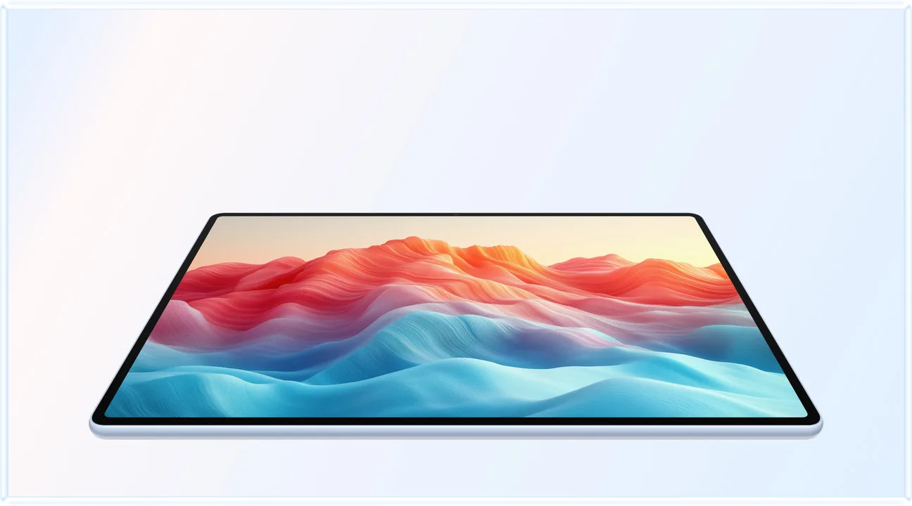 Huawei MatePad Air'in ekranında canlı renkli bir dağ manzarası duvar kağıdıyla resmî ürün görseli