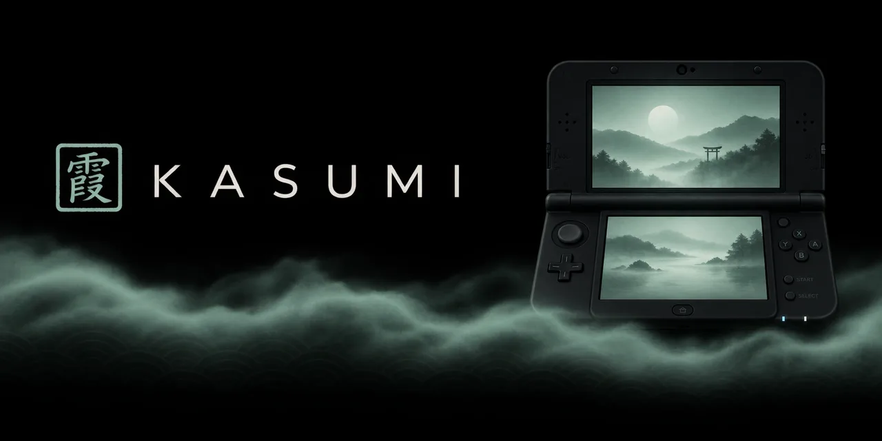 Kasumi projesinin resmî başlık görseli: Kasumi logosu ve ekranlarında sisli bir manzara bulunan New Nintendo 3DS XL