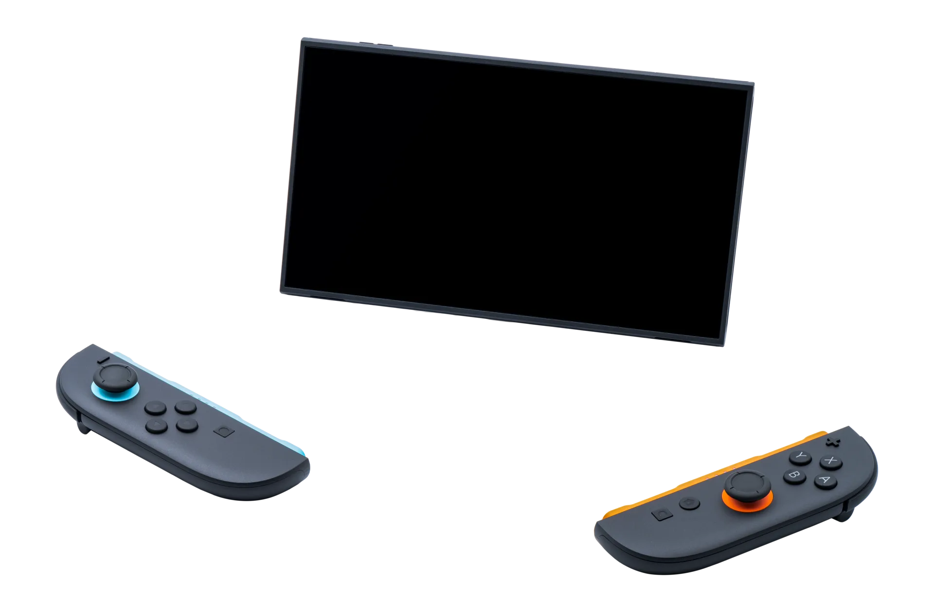Nintendo Switch 2 konsolu masa modunda dik dururken yanında ayrılmış iki Joy-Con 2 kumandası