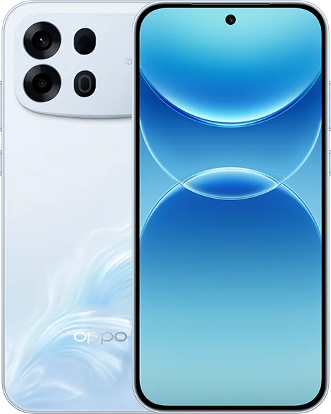 Oppo A7 Pro Max'in Surf Mavisi renkli önden ve arkadan görünümü