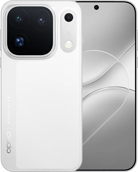 Oppo Find X10 Pro Max'in Moon White renkli önden ve arkadan görünümü, kare kamera adası ve Hasselblad imzası