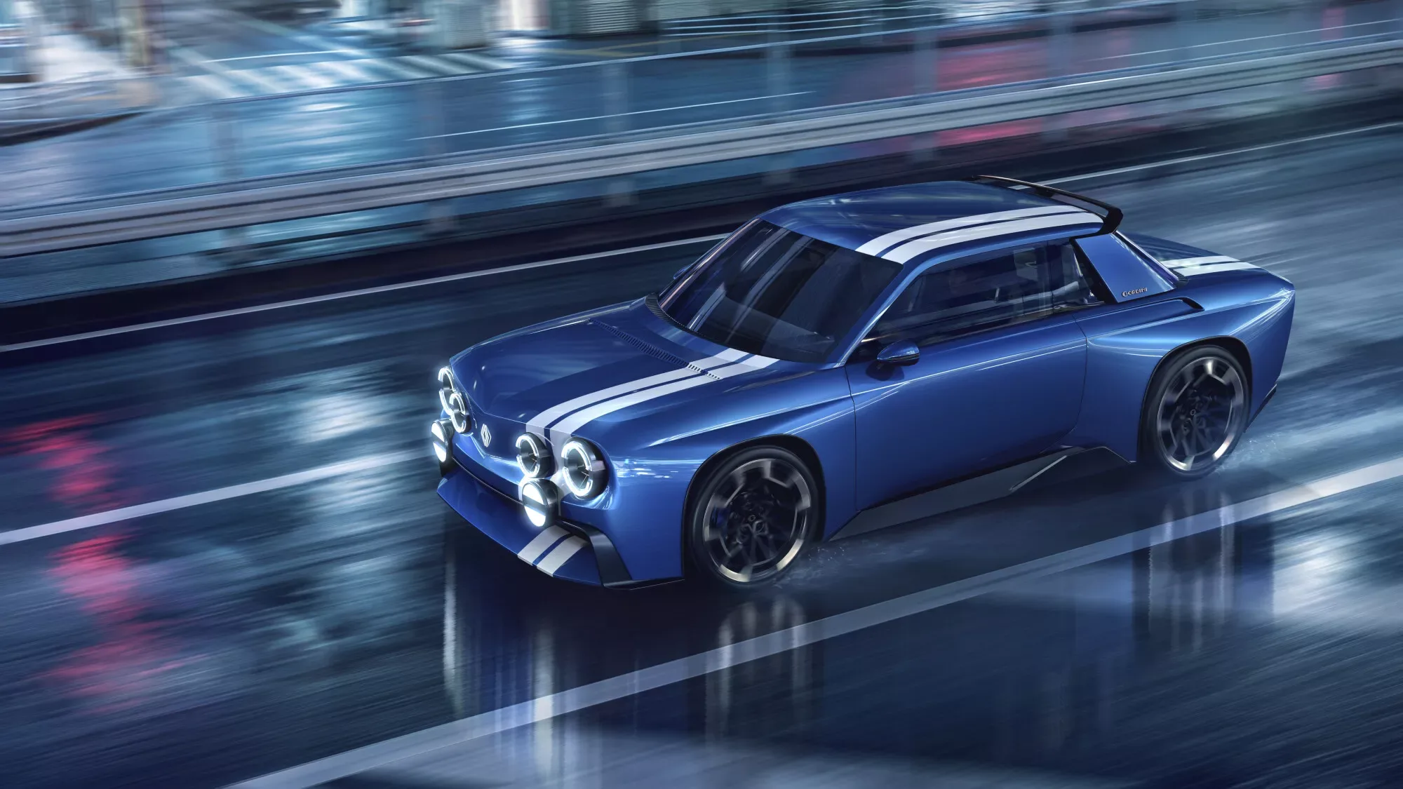 Renault 8 Gordini Concept yan/3 çeyrek görünüm, ıslak şehir asfaltında mavi gövde ve çift beyaz şerit