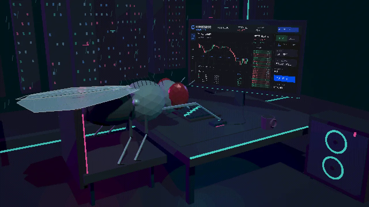 Simüle edilmiş sinek beyninin kripto para grafiği izlediği Stonkfly projesi görseli