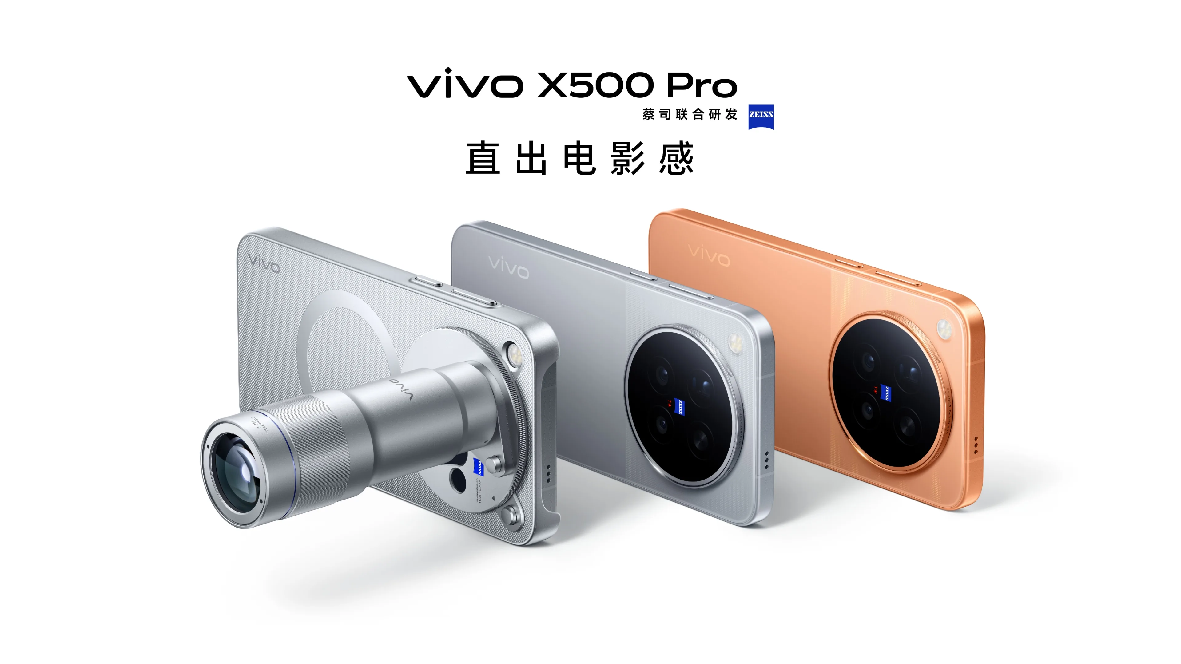 vivo X500 Pro'nun gümüş, gri ve turuncu renk seçenekleri; gümüş modelde ZEISS teleobjektif aparatı takılı