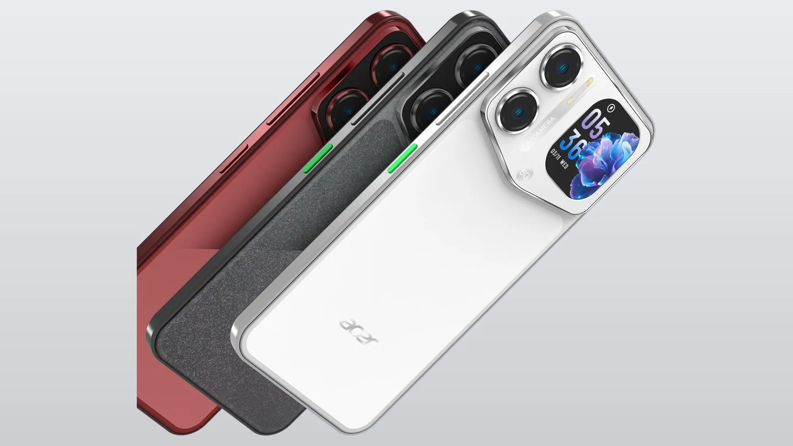 Acer Sospiro A70'in bordo, grafit ve beyaz renk seçenekleri; beyaz modelde kamera yanındaki arka ekran görünüyor