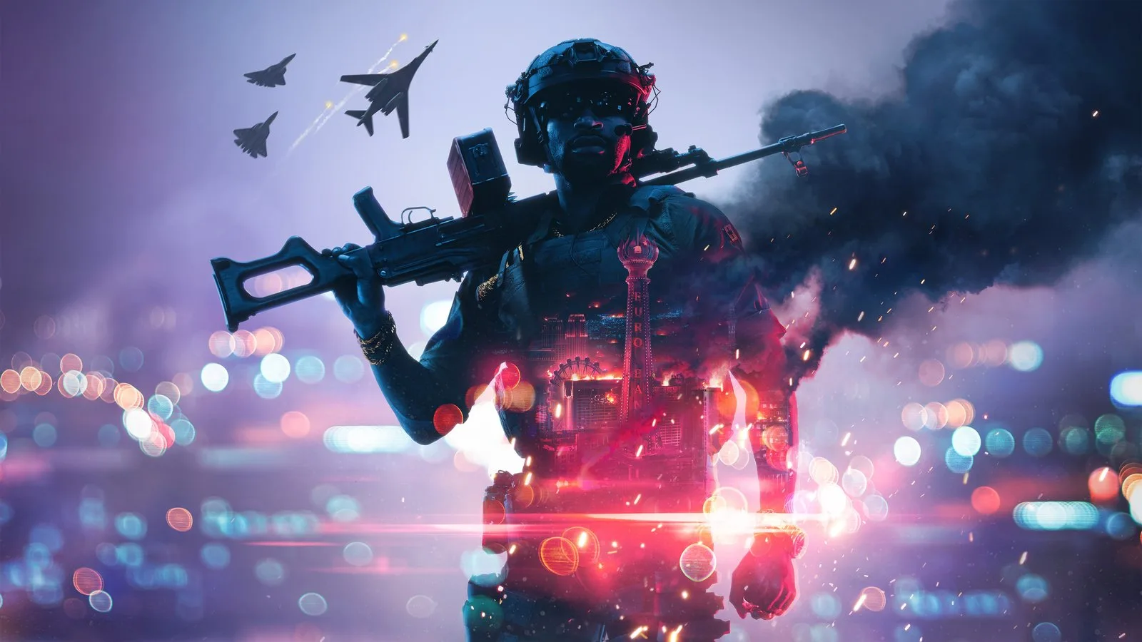 Battlefield 6 Sezon 5 tanıtım görseli: arkasında Las Vegas ışıkları ve jetler olan silahlı asker