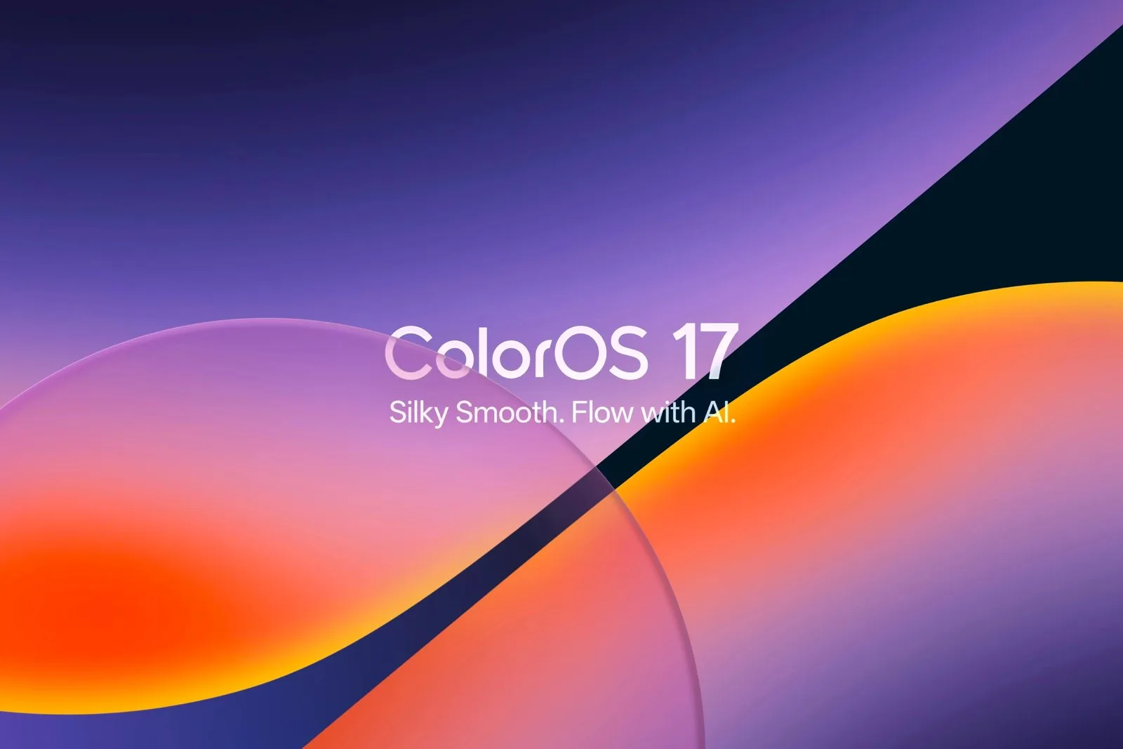 Mor ve turuncu dalgalı arka plan üzerinde ColorOS 17 logosu ve Silky Smooth. Flow with AI sloganı