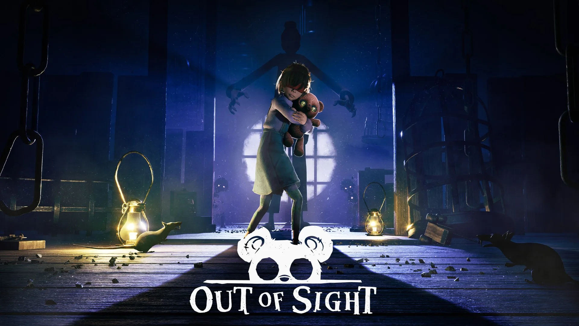Out of Sight kapak görseli: loş bir hücrede oyuncak ayıyı kucaklayan küçük bir kız ve etrafında fenerler