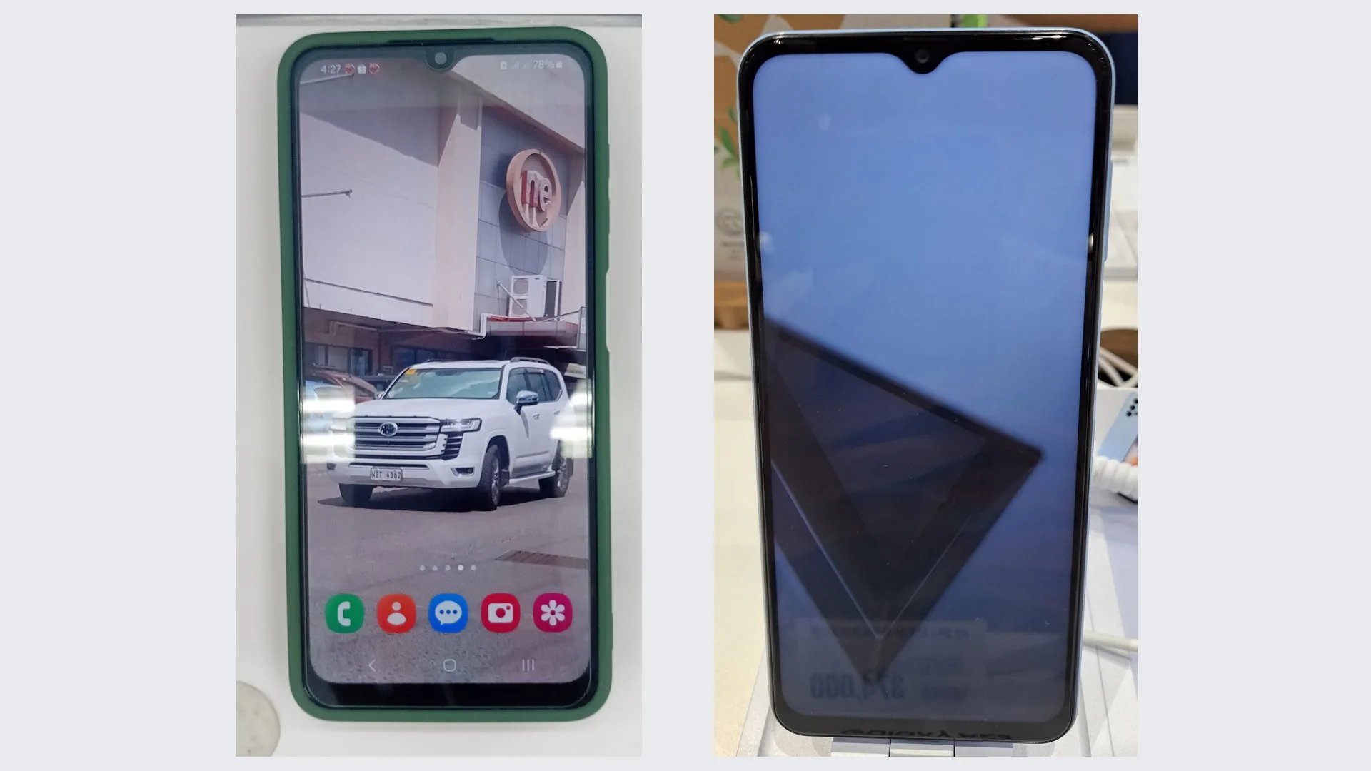 Solda kılıflı Samsung Galaxy A04s, sağda Samsung Galaxy A23; ikisi de damla çentikli ekranlı giriş seviyesi telefonlar