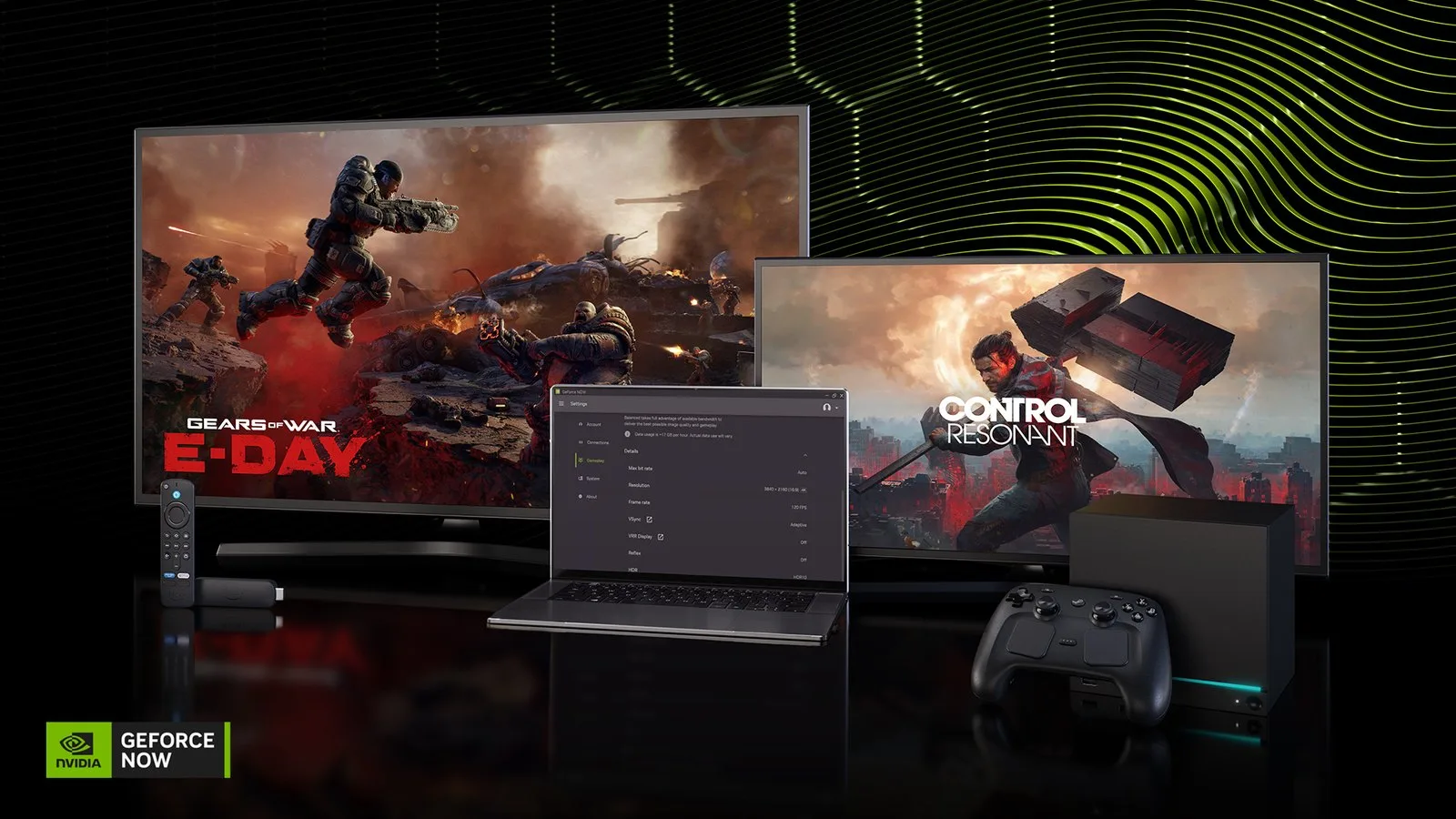 GeForce NOW ile dizüstü bilgisayar, televizyonlar ve oyun kumandası; ekranlarda Gears of War: E-Day ve CONTROL Resonant