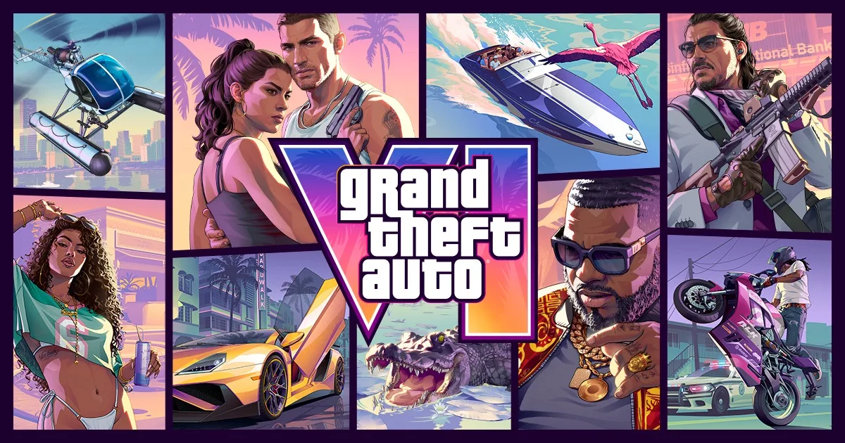 Grand Theft Auto VI resmî tanıtım görseli: Jason ve Lucia, tekne, spor otomobil, timsah ve oyun logosu mor-turuncu çerçevelerde