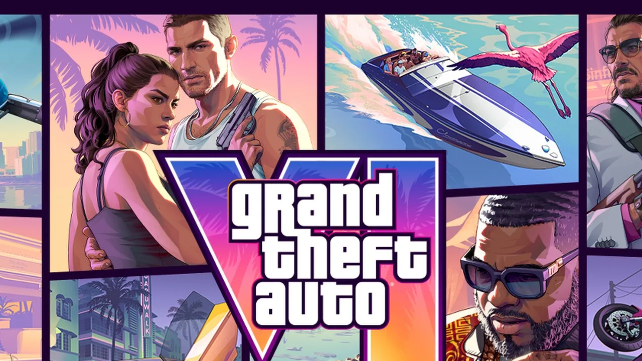 Grand Theft Auto VI resmî görseli: Jason ve Lucia ile tekne, araç ve motosiklet sahneleri, ortada logo