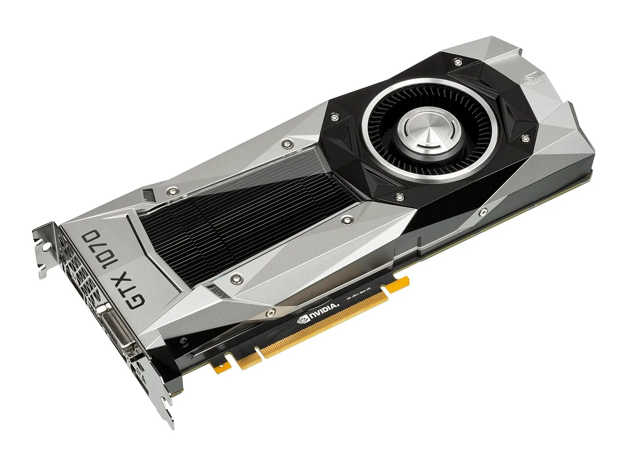 NVIDIA GeForce GTX 1070 Founders Edition ekran kartının gümüş-siyah soğutucu tasarımı beyaz zeminde