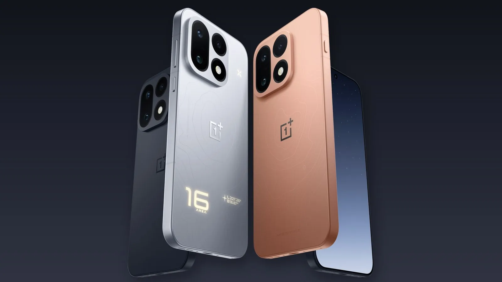 OnePlus 16'nın koyu, gümüş ve turuncu renk seçenekleri yan yana