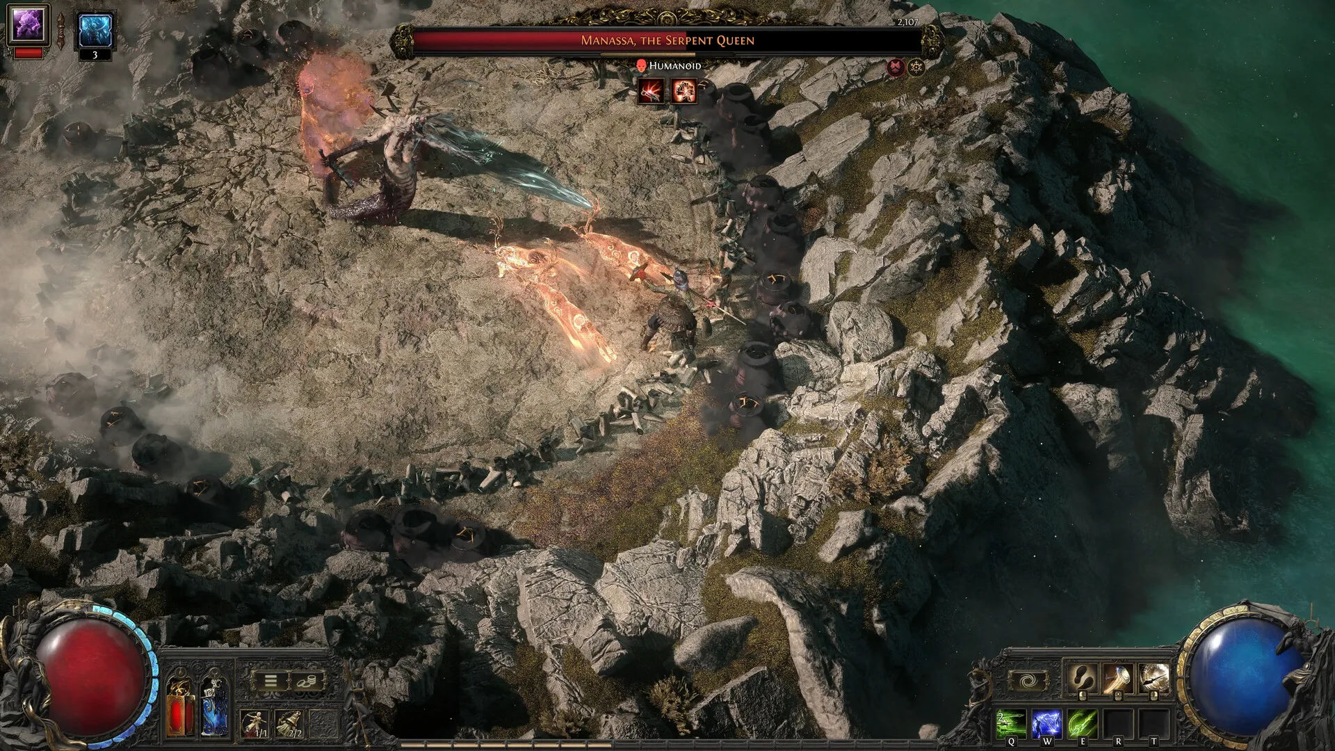 Path of Exile 2'den ekran görüntüsü: kayalık bir arenada Manassa, the Serpent Queen isimli patronla savaş