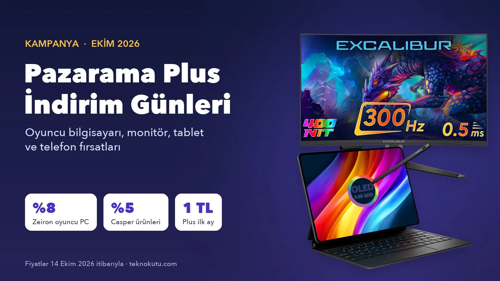 Pazarama Plus İndirim Günleri kapak görseli: Casper Excalibur monitör ve Casper PAD H10 Pro tablet