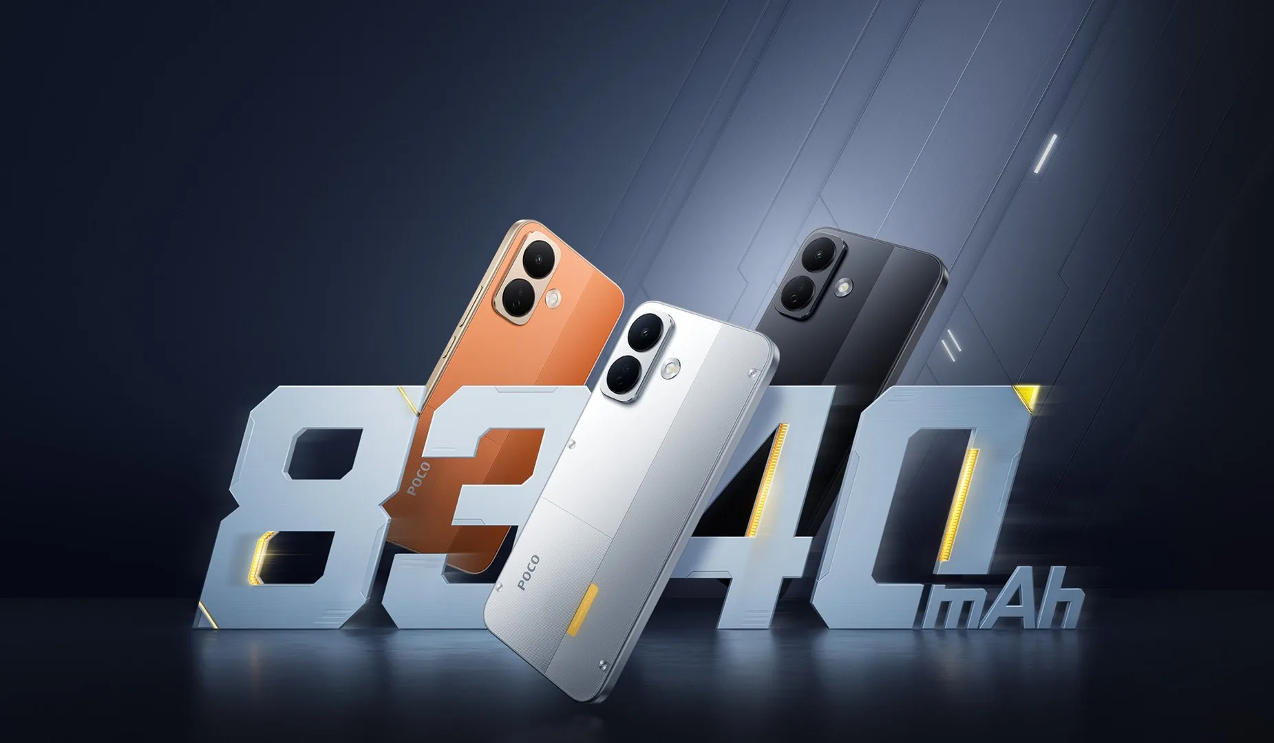 Turuncu, beyaz ve siyah POCO X8 telefonların arka yüzleri; arkada büyük 8340 mAh yazısı