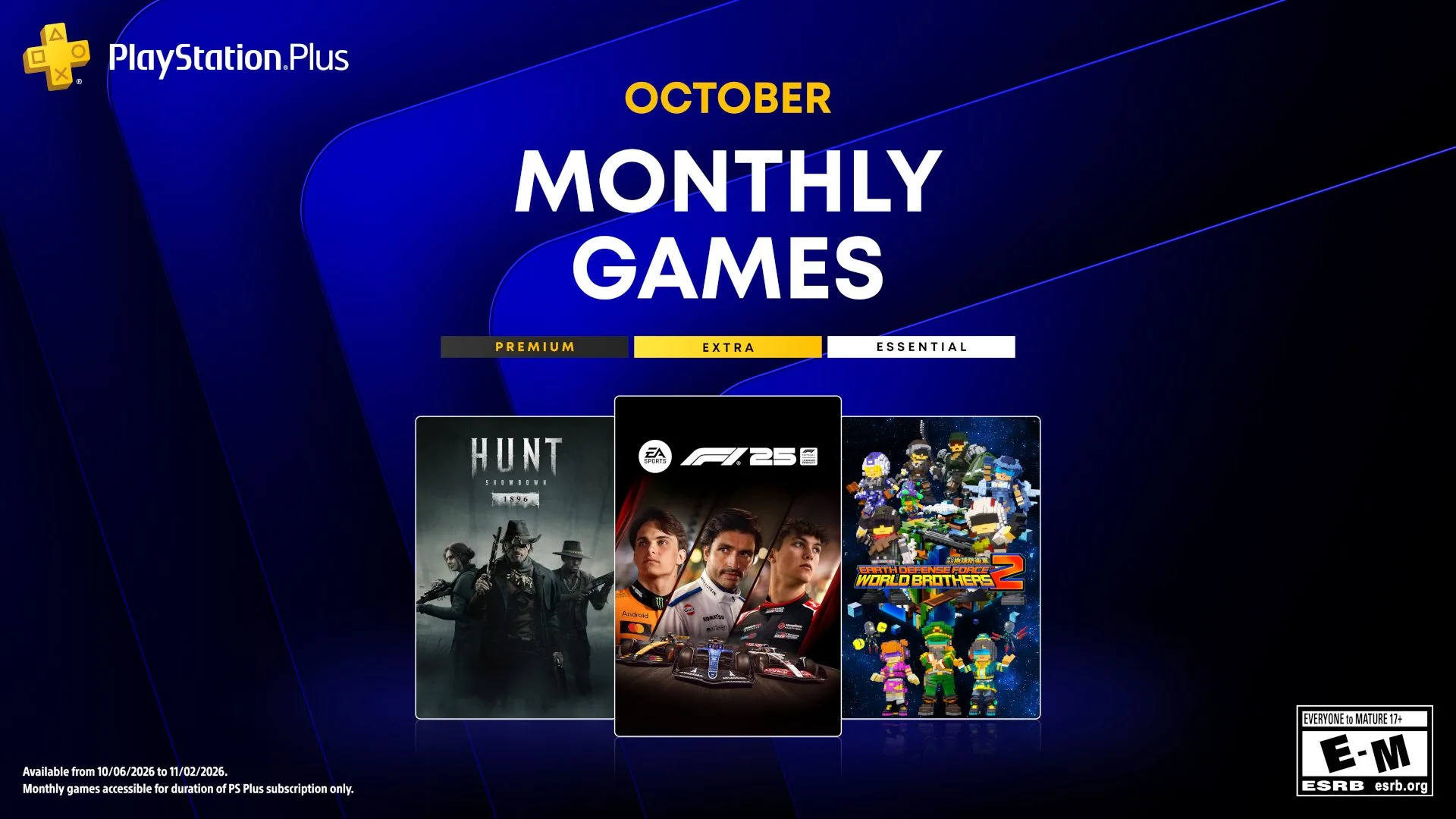 PS Plus Ekim 2026 aylık oyunları tanıtım görseli: F1 25, Hunt Showdown 1896 ve Earth Defense Force World Brothers 2 kapakları