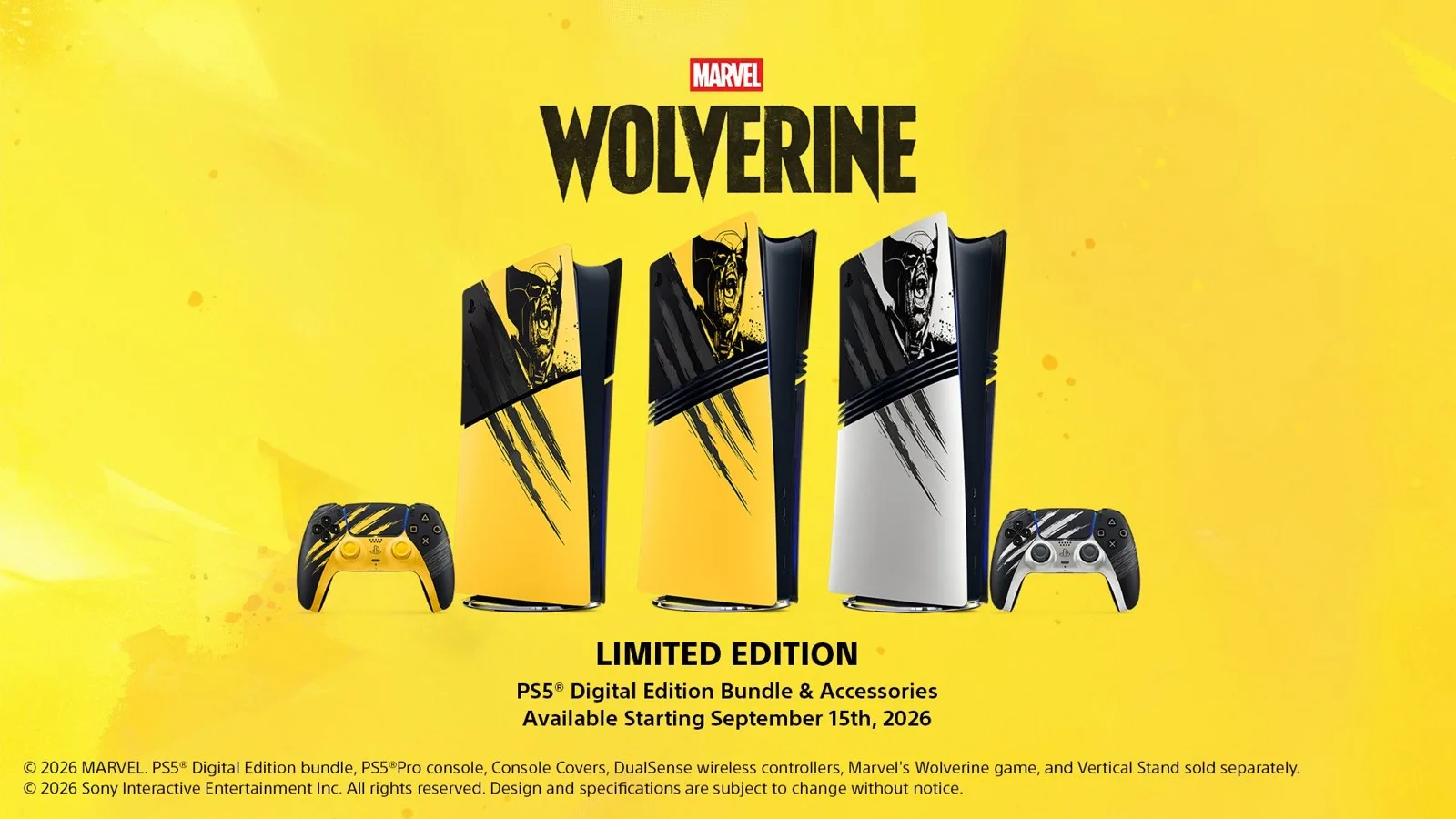 Marvel's Wolverine Limited Edition PS5 Digital Edition konsolları ve DualSense kontrolcüleri sarı arka plan üzerinde