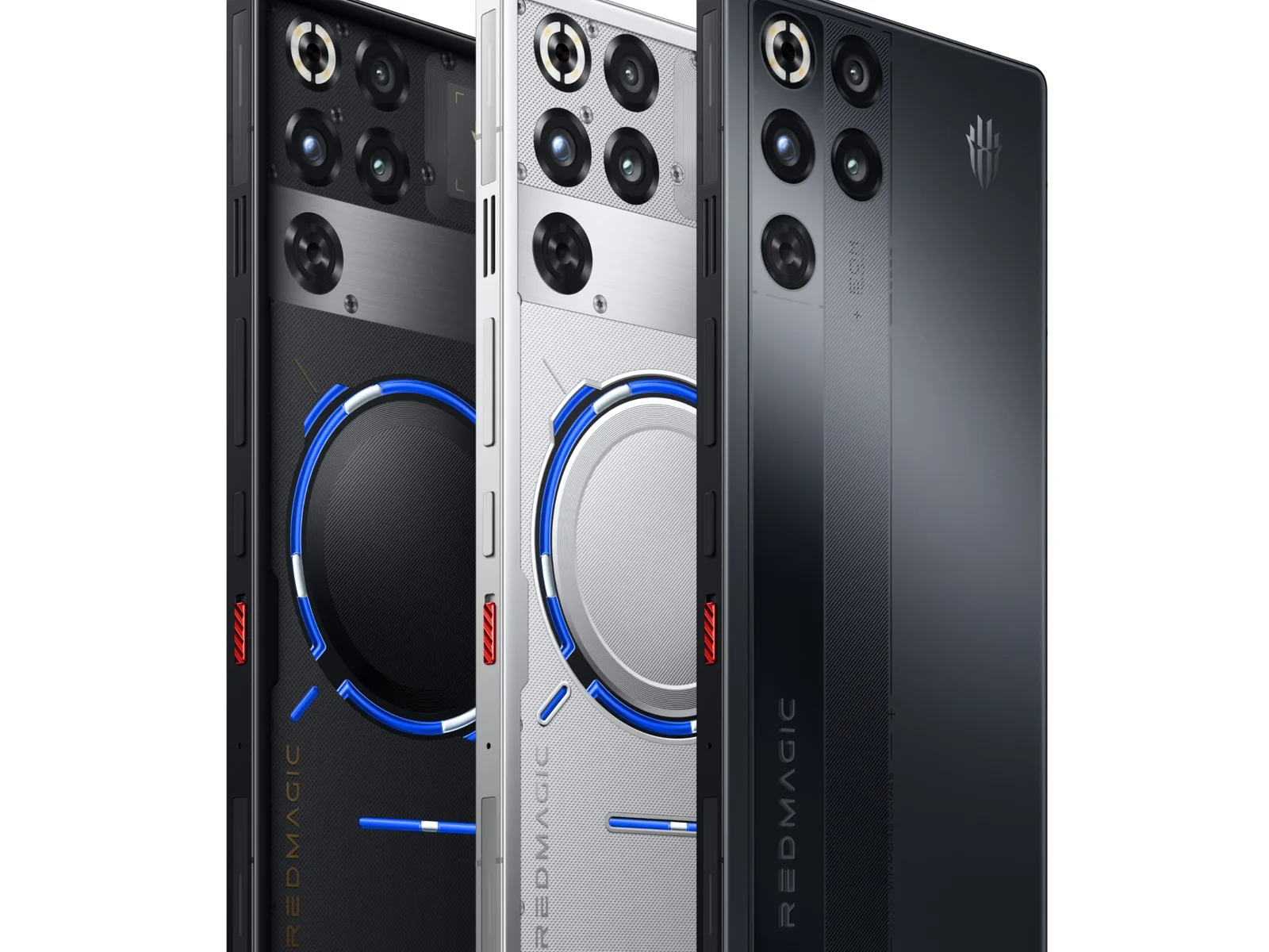 RedMagic 11 Pro oyun telefonunun üç renk seçeneği: siyah, gümüş ve koyu gri, arka yüzde mavi aydınlatmalı fan bölümü