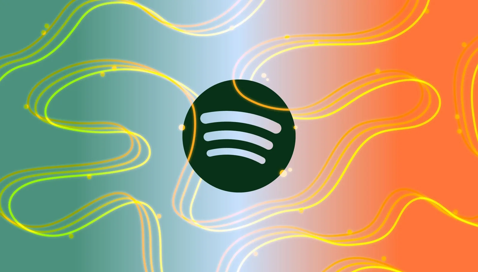 Spotify logosunun yeşil, turuncu ve sarı akışkan çizgilerle süslü gradyan zemin üzerindeki görseli