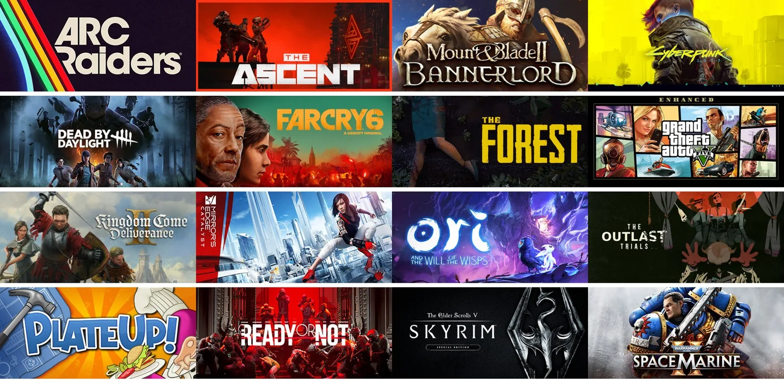 Steam Sonbahar İndirimleri 2026 kampanyasındaki Cyberpunk 2077, Kingdom Come Deliverance II, Skyrim, Space Marine 2 ve diğer oyunların Steam kapak görselleri yan yana
