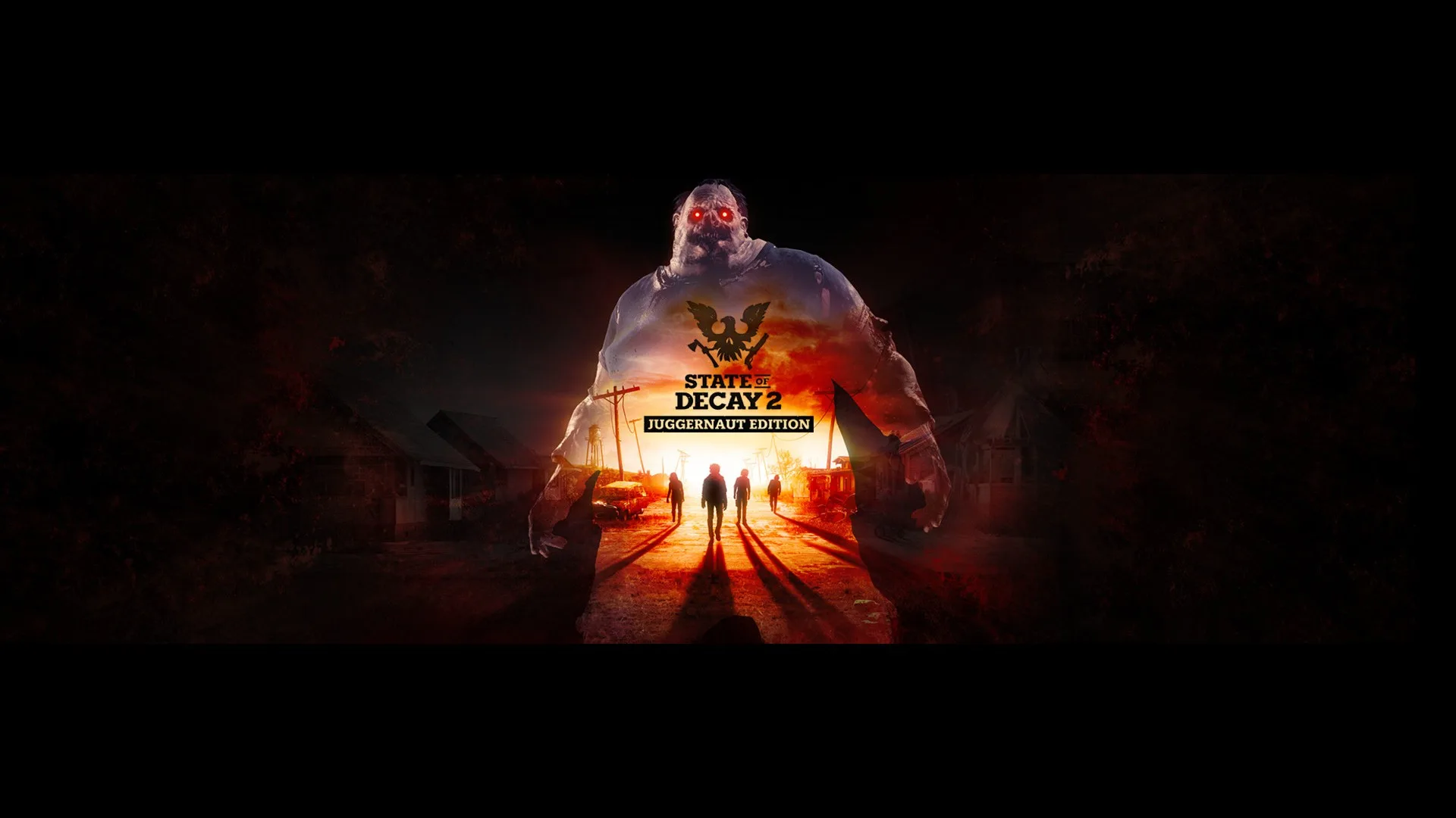 State of Decay 2 Juggernaut Edition kapak görseli: devasa bir zombinin silüetinin önünde yürüyen dört hayatta kalan