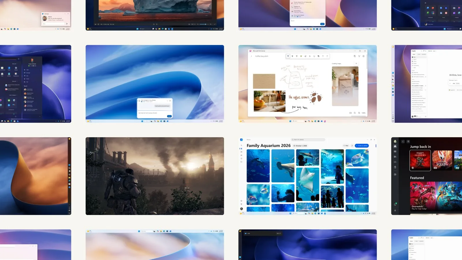 Windows 11'in yeni özelliklerinin ekran görüntülerinden oluşan kolaj: Fotoğraflar uygulaması, Ink Canvas, telefon bağlantısı, oyunlar ve arama