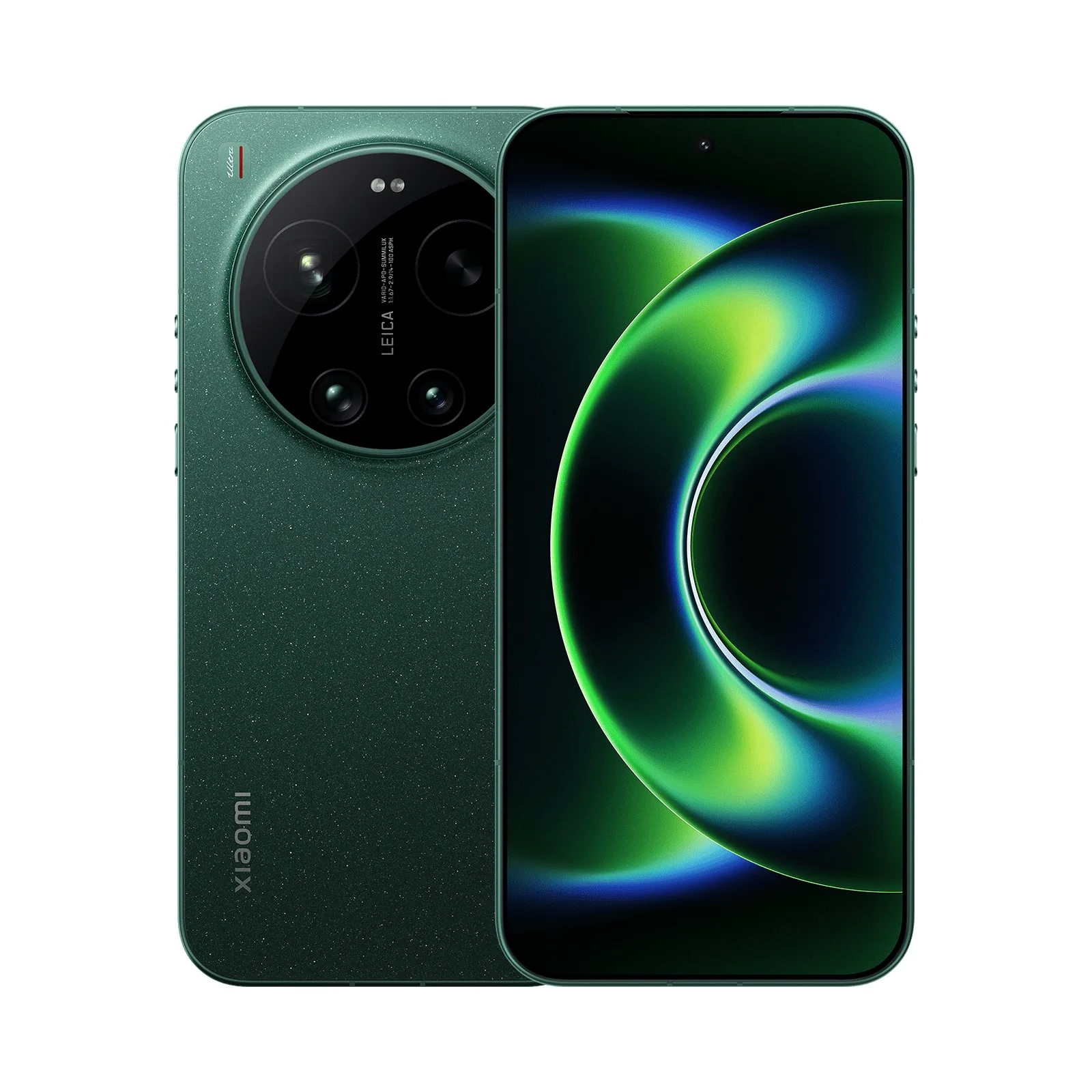 Xiaomi 17 Ultra yeşil renk seçeneğinin arka yüzü ve ön yüzü: Leica yazılı büyük dairesel kamera adası