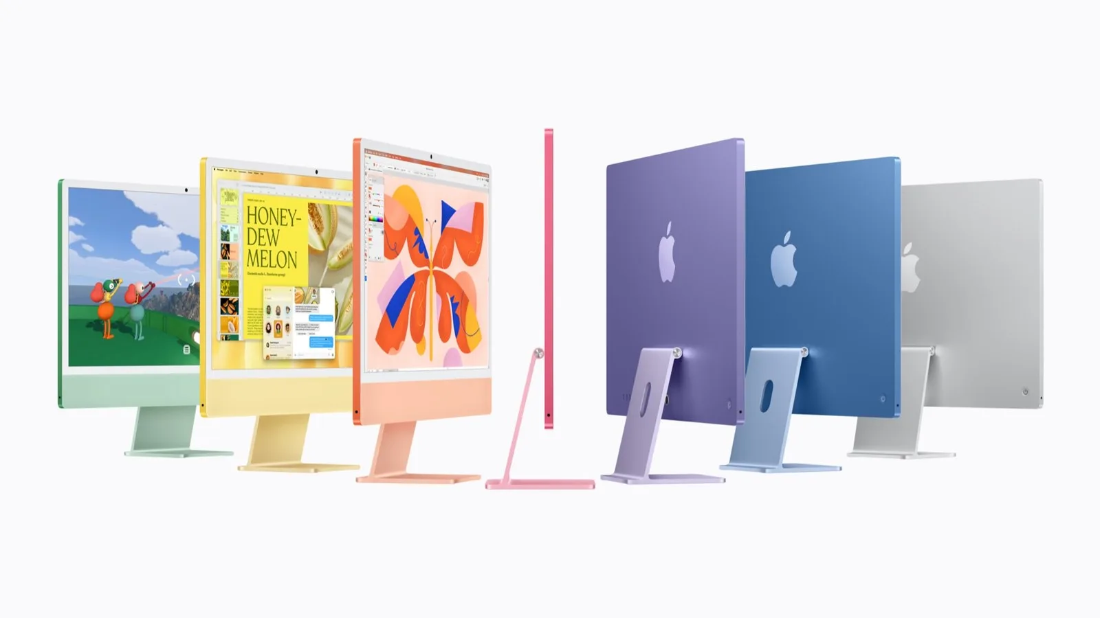 Yedi renkli yeni iMac M6 modelleri yan yana