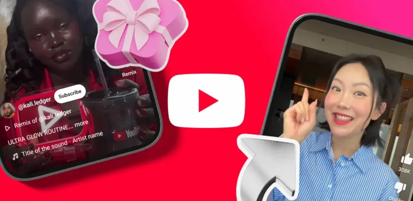 YouTube Shorts videolarını gösteren telefon ekranları ve YouTube logosu, kırmızı-pembe zemin üzerinde
