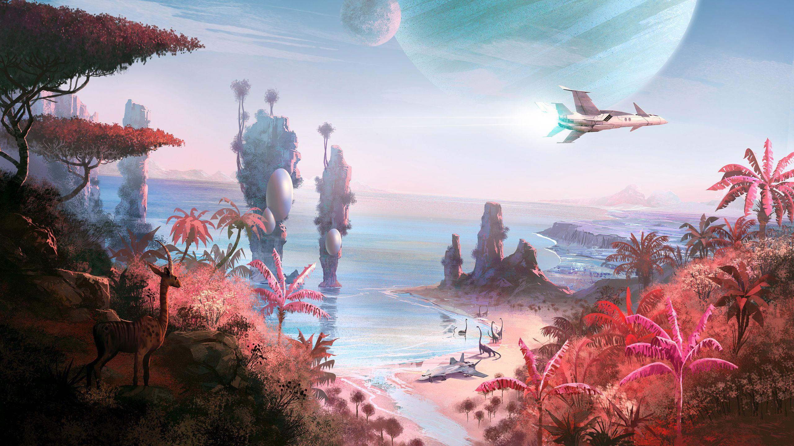 A vibrant alien landscape inspired by No Man's Sky, featuring diverse biomes, a spaceship, and surreal elements.