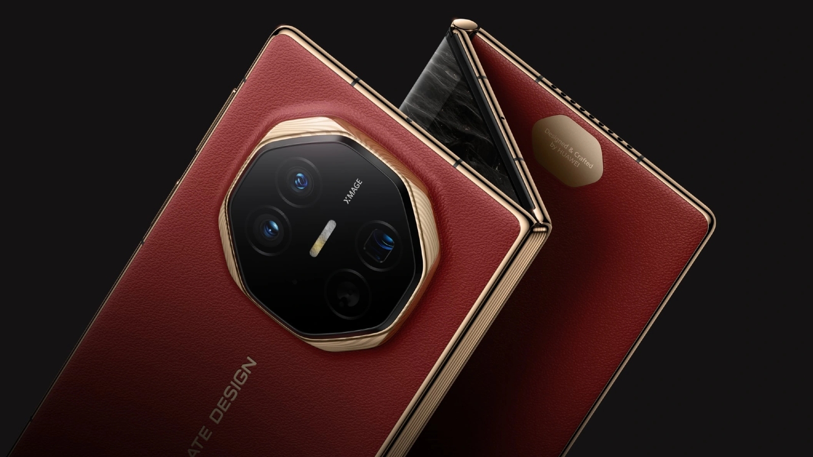 Huawei Mate XT three-fold smartphone displayed in a modern tech-inspired setting.