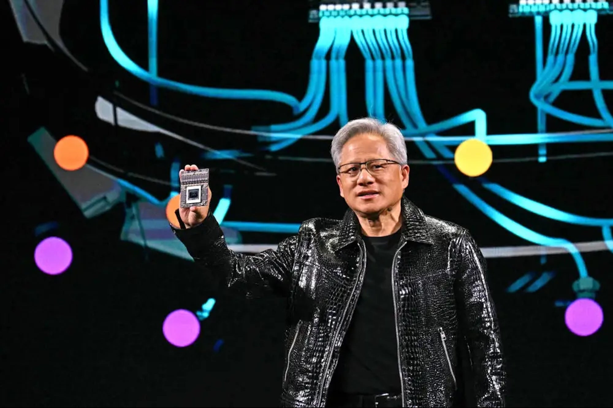 Digital art of Jensen Huang, CEO of NVIDIA, in front of Mar-a-Lago estate, symbolizing technology and collaboration with the Trump administration.