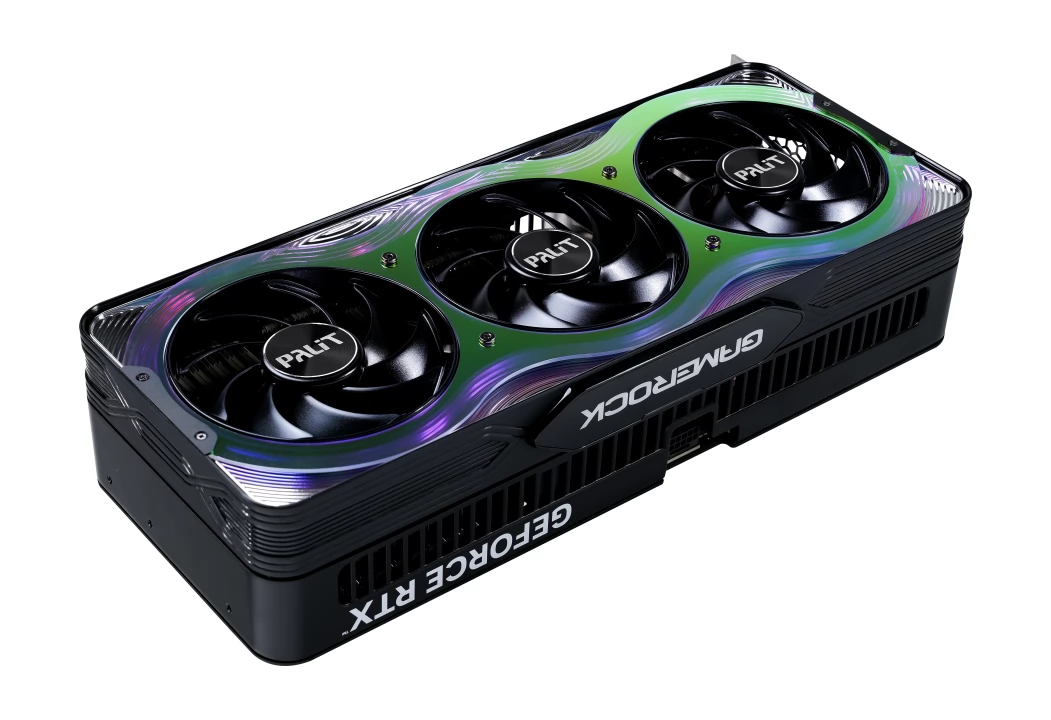 High-quality visual of Palit GeForce RTX 5080 graphics card in a modern, tech-inspired setting.