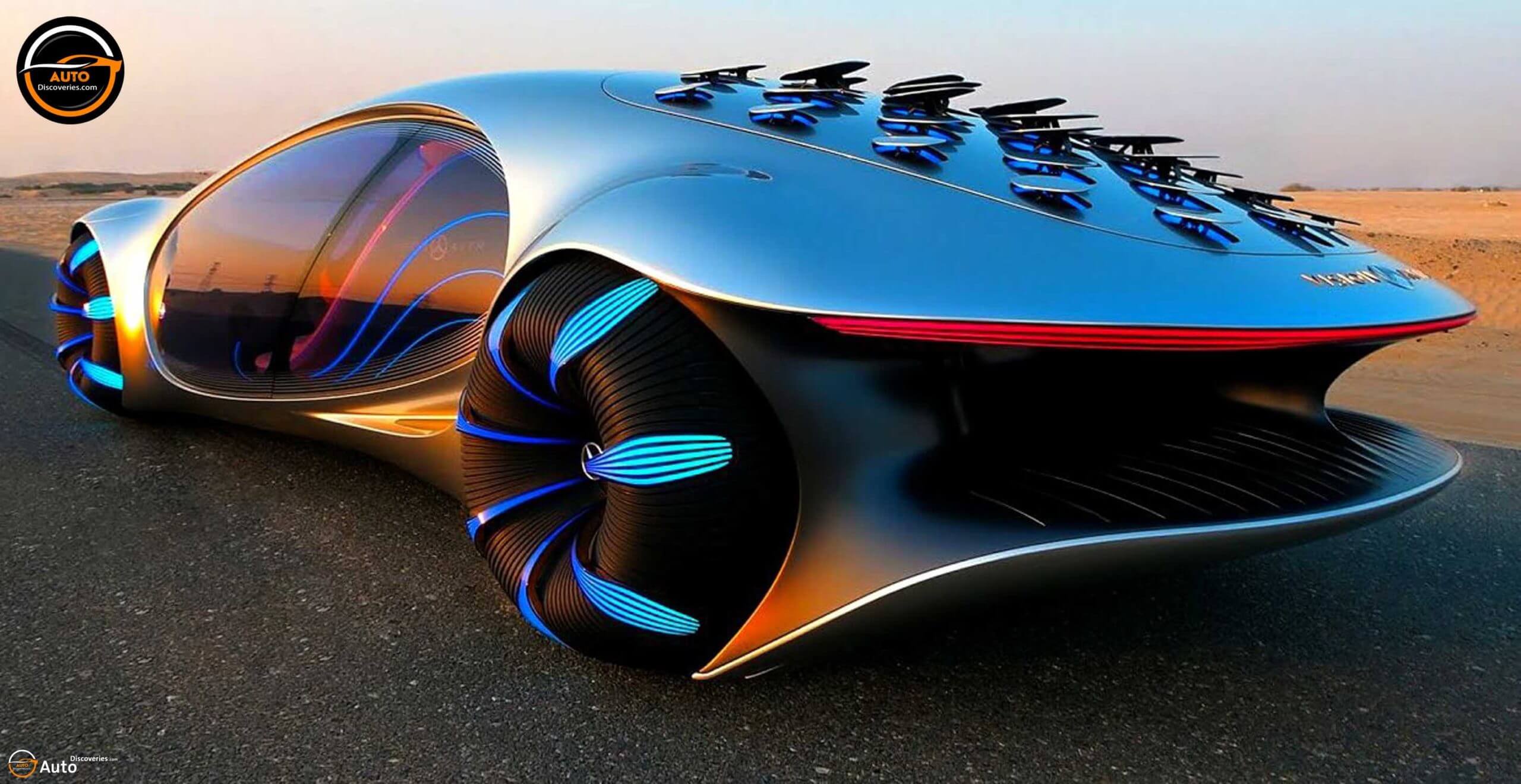 Futuristic six-wheeled hybrid vehicle designed to transport an eVTOL aircraft, set in a high-tech urban environment.