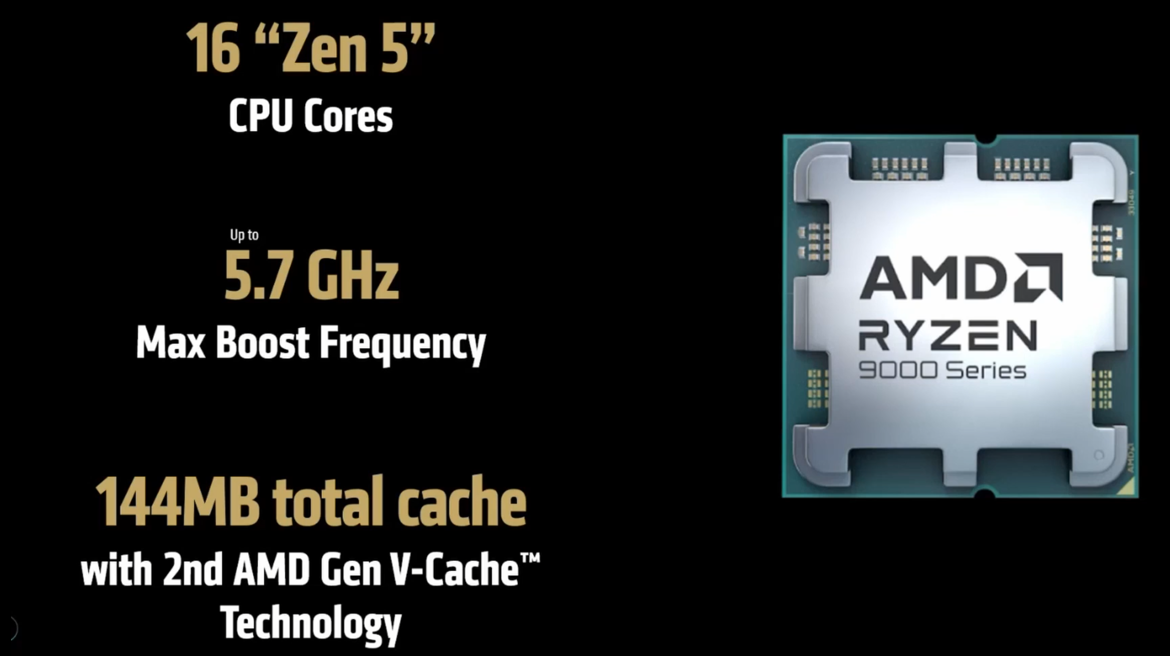 Futuristic representation of AMD Ryzen 9 9950X3D CPU displayed in a high-tech environment with neon lights and holographic elements.