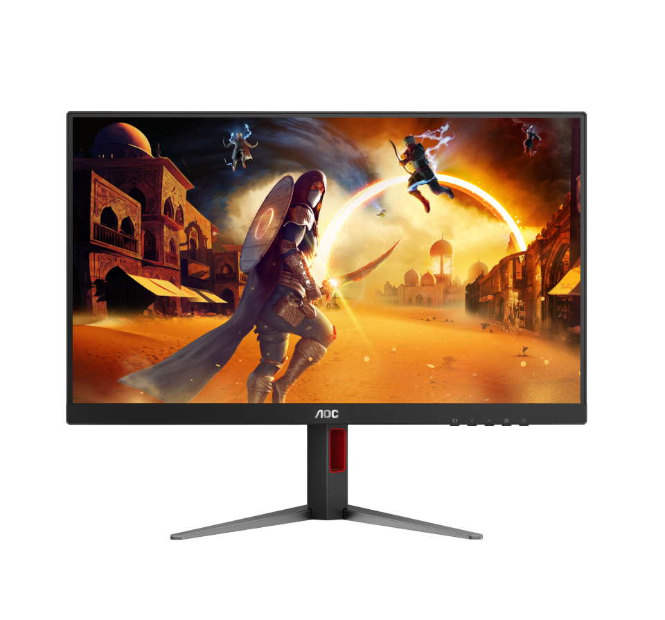 AOC Q27G10E2 27-inch gaming monitor showcasing vibrant QHD graphics in a dark, futuristic gaming environment.