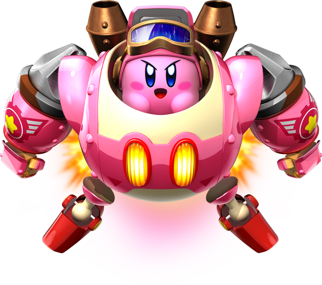 Artwork depicting Kirby in mech costume in a vibrant gaming scene inspired by Kirby: Planet Robobot for Nintendo Switch.