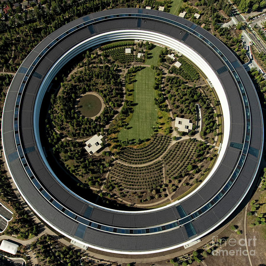 Futuristic illustration of Apple headquarters celebrating record sales with emphasis on iPhones and innovative atmosphere.