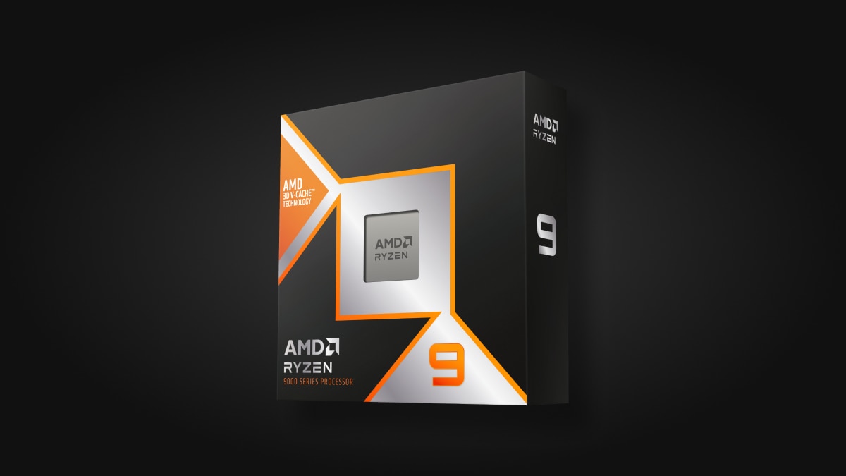 High-quality image of AMD Ryzen 9 9950X3D CPU in a futuristic and technological setting.