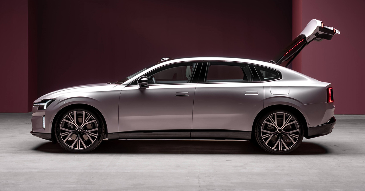 Futuristic design of the Volvo ES90 with NVIDIA technology emphasizing modern automotive innovation.