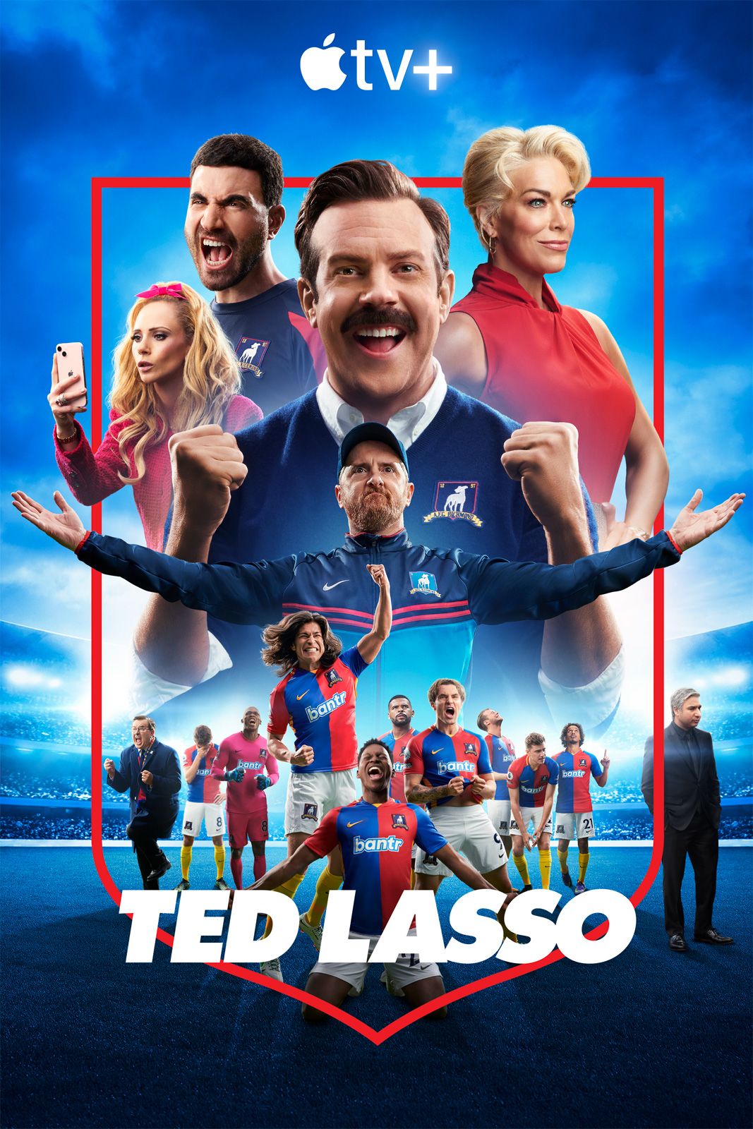 Illustration of Jason Sudeikis as Ted Lasso, showcasing positivity and teamwork in a vibrant soccer environment suitable for social media.