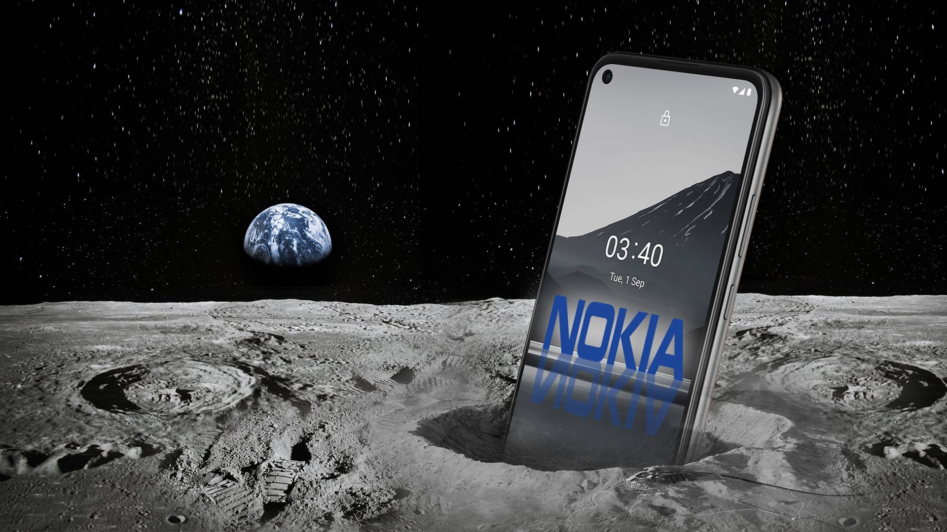 A modern artistic representation of Nokia's Moon 4G network and space communication technology.