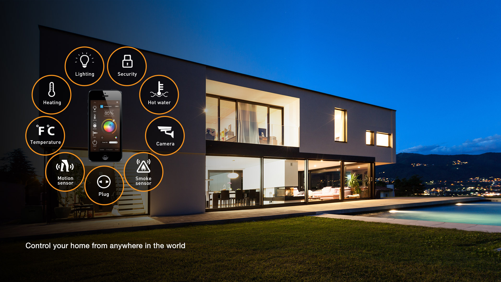 A modern smart home interior showcasing the latest technological gadgets and home automation systems.