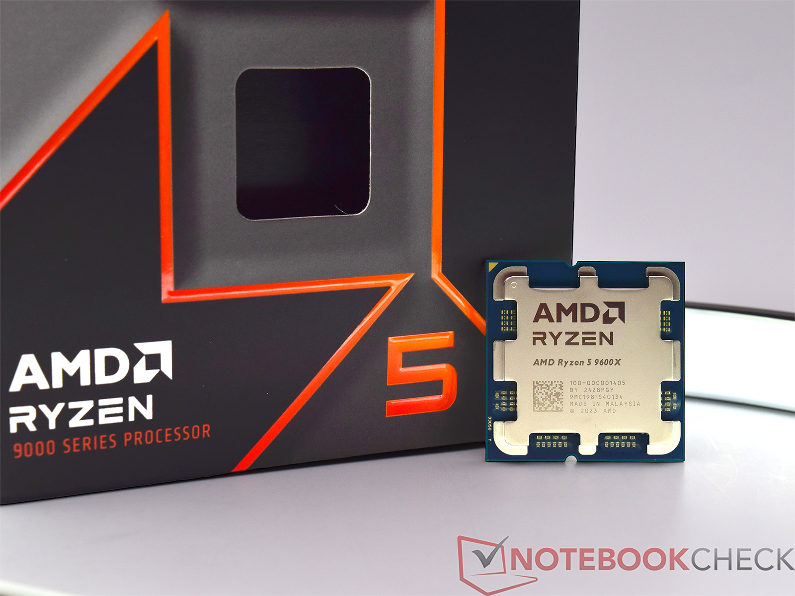 High-quality graphic of the AMD Ryzen 5 9600 processor with a modern technological background.