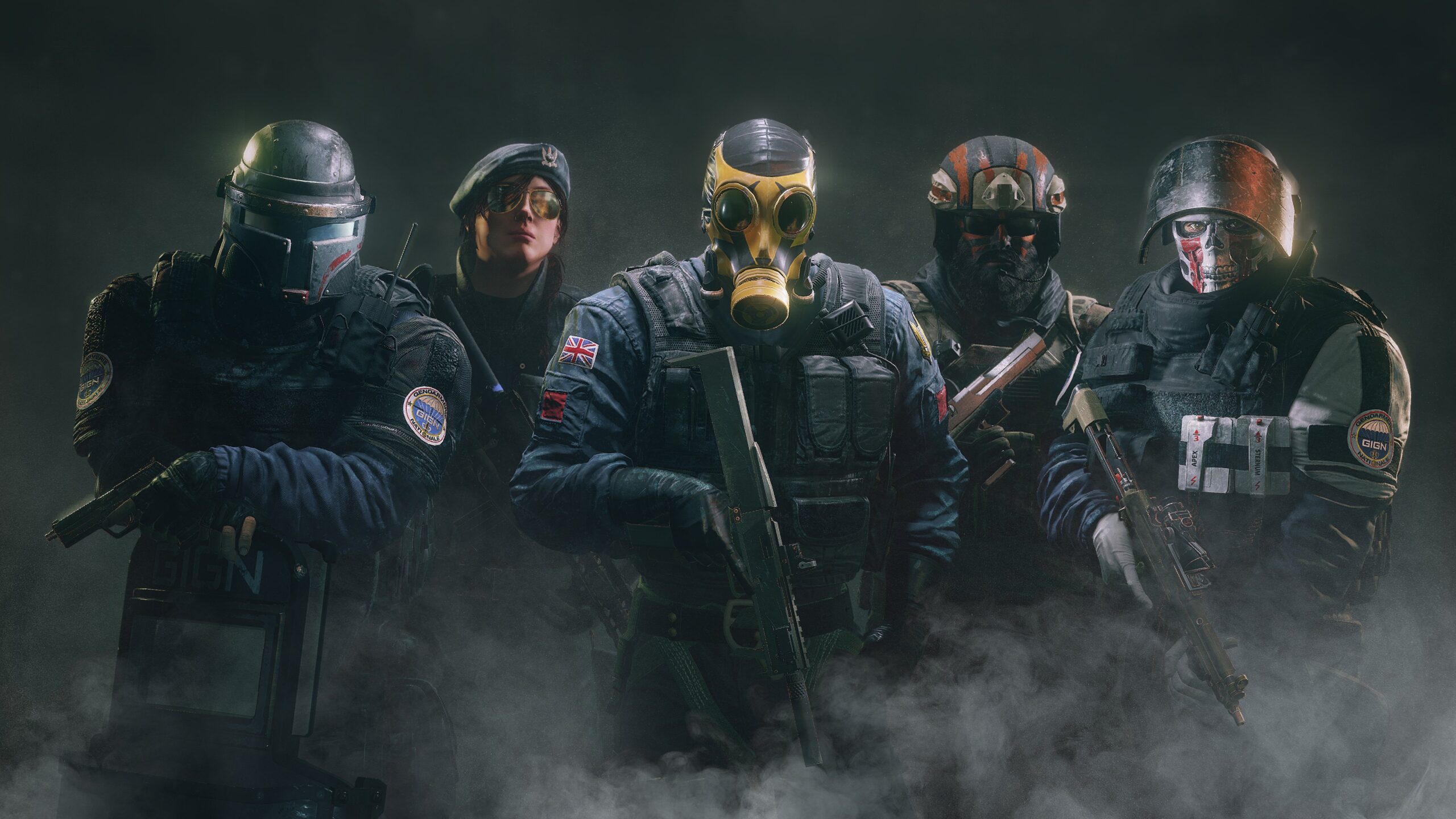 Promotional poster for Rainbow Six Siege X expansion featuring characters and a futuristic cityscape.