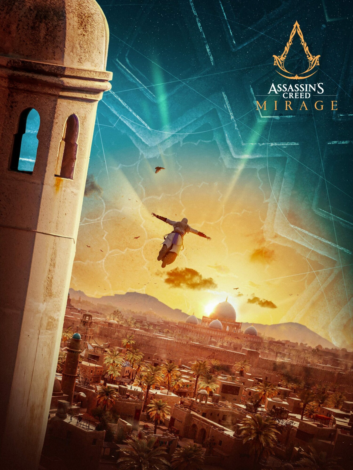 Digital artwork of an assassin from Assassin's Creed Mirage standing on a rooftop, overlooking an ancient cityscape, hinting at an upcoming DLC.