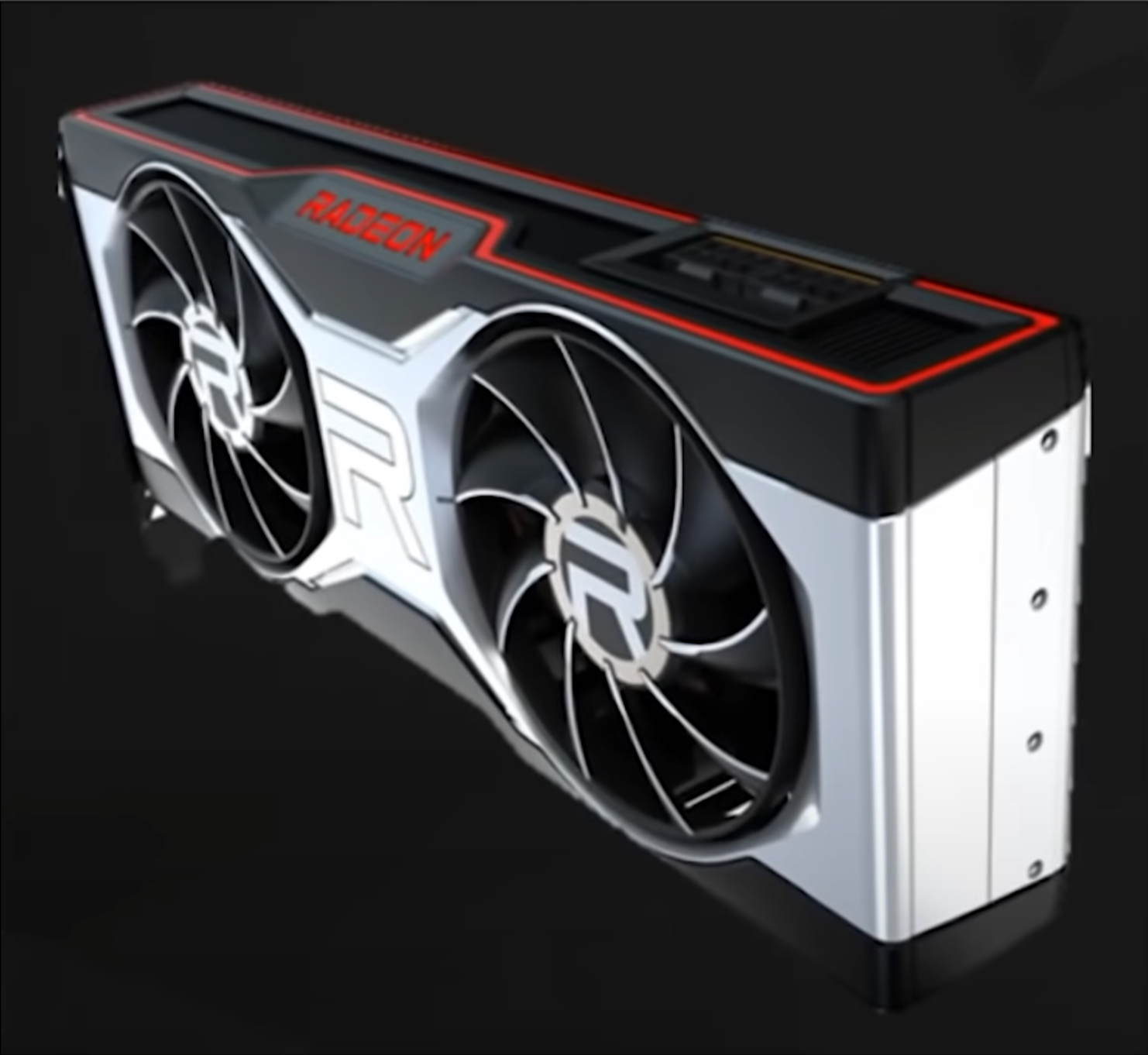 Concept art of a futuristic AMD GPU with 32 GB VRAM, designed for corporate applications, set in a high-tech environment.